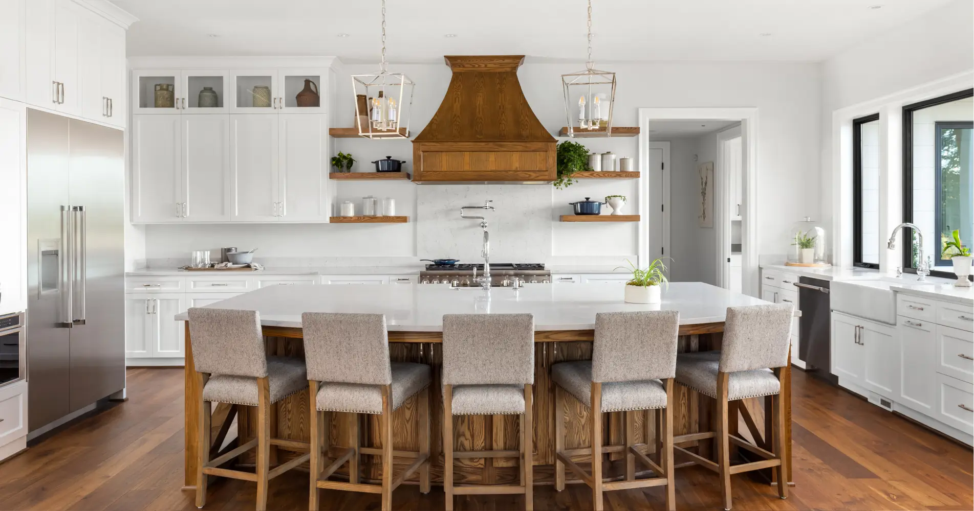 Modern kitchen island with bar stools.