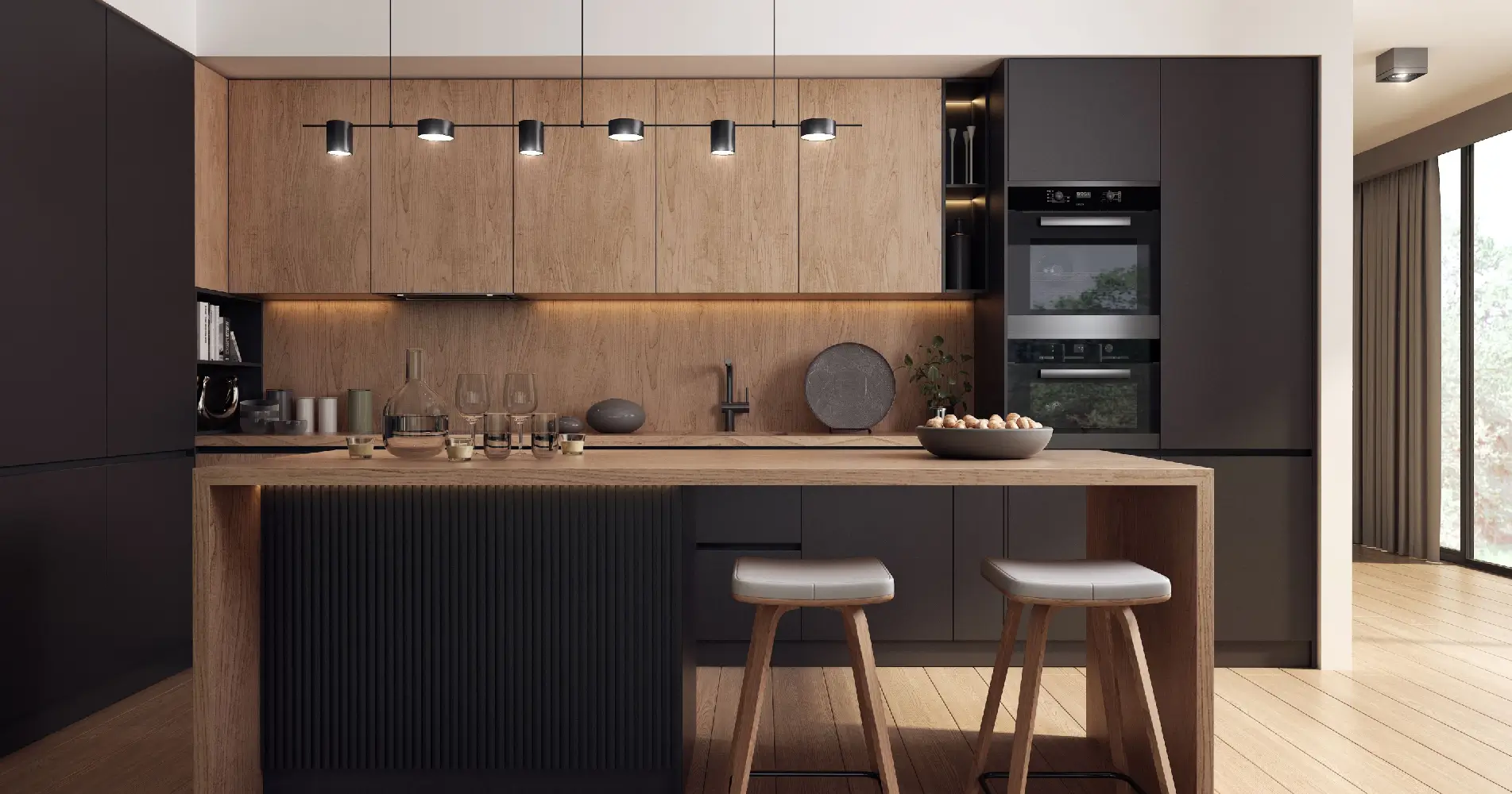 Modern kitchen island with wood and black cabinets.