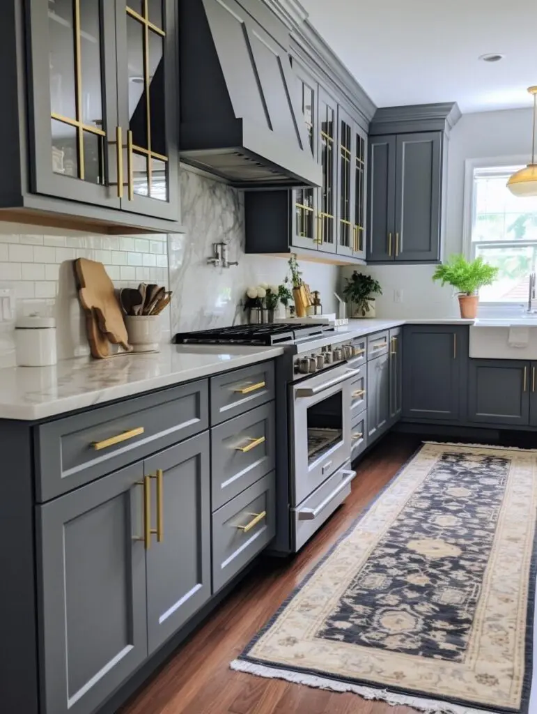 A kitchen with grey cabinets and white walls.