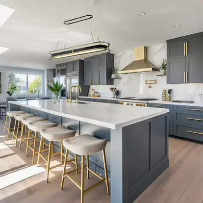 A large kitchen with grey cabinets and white counter tops.